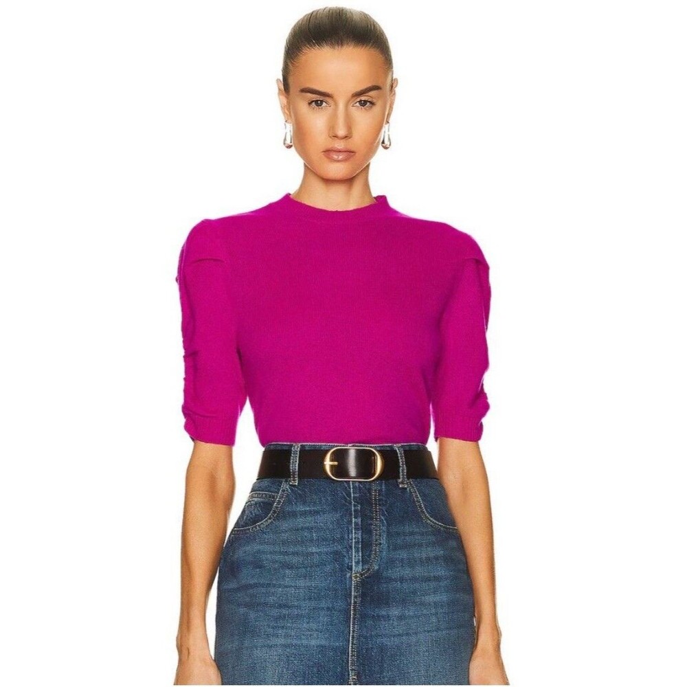 Frame Cashmere Puff Sleeve Knit Top size Large Business Casual Pink core Preppy